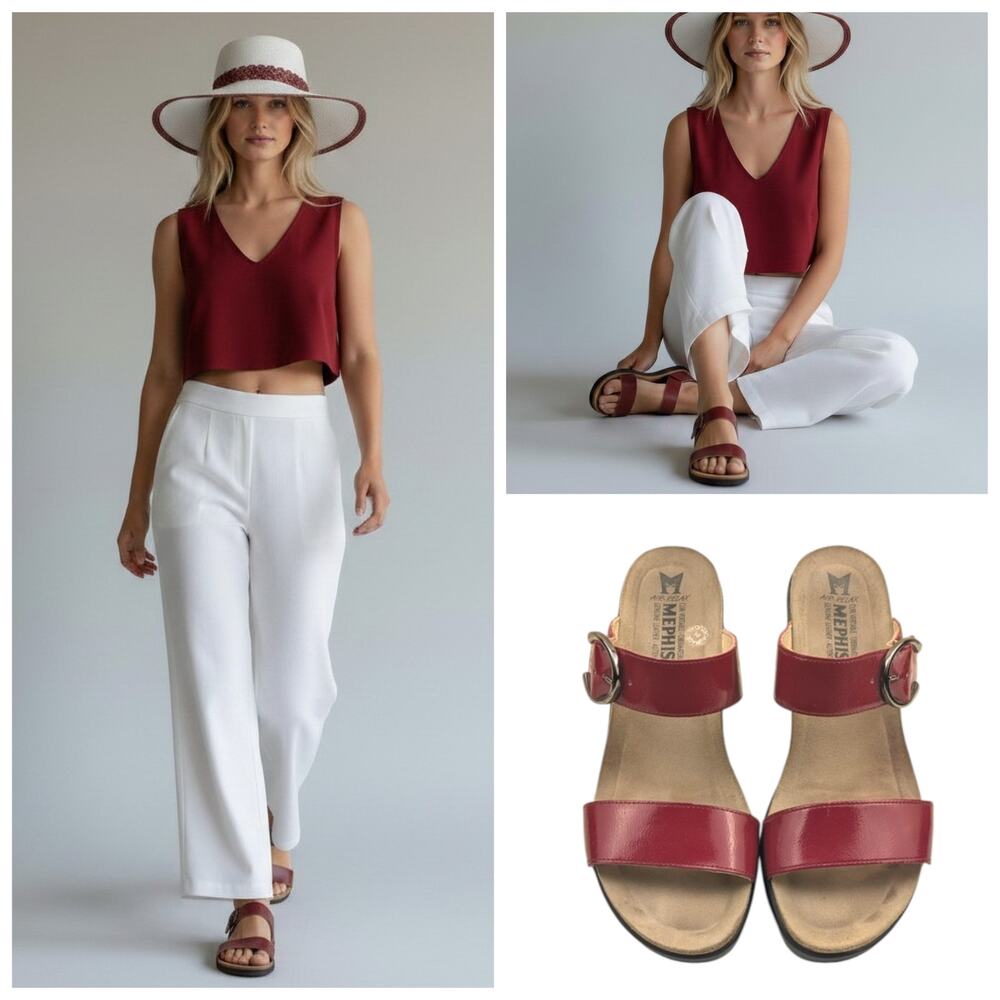 Mephisto Red Leather Cork Wedge Slide Sandals Air Relax EU 40 US 10  S4048